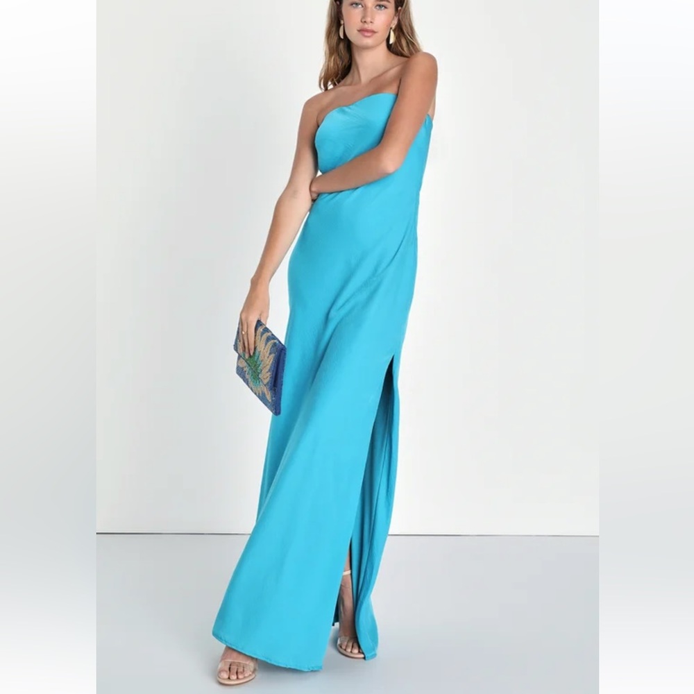 Turquoise Satin Strapless Maxi Dress